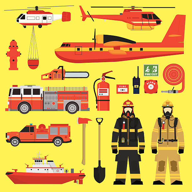 ilustrações, clipart, desenhos animados e ícones de infográfico conjunto de equipamentos de bombeiros - engine car truck hose