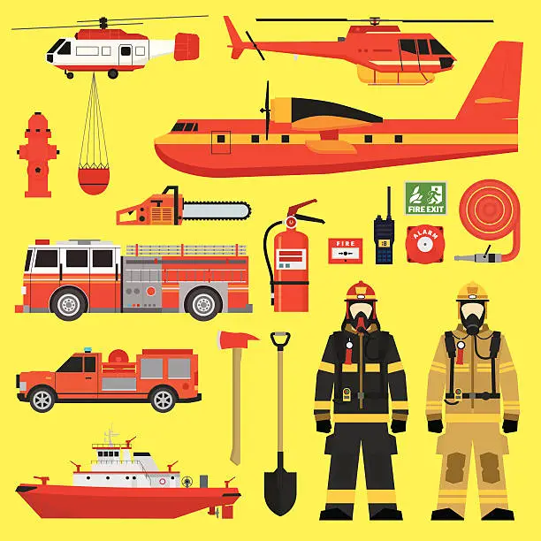 Vector illustration of Fire brigade equipment infographics set