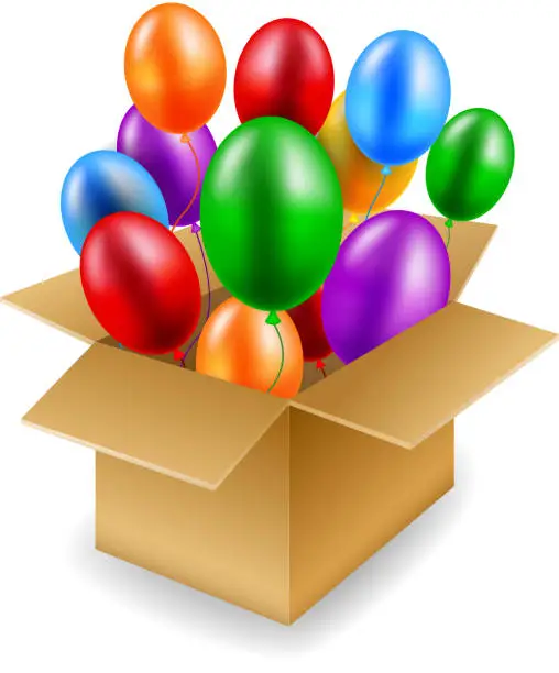 Vector illustration of Open cardboard box with birthday balloons