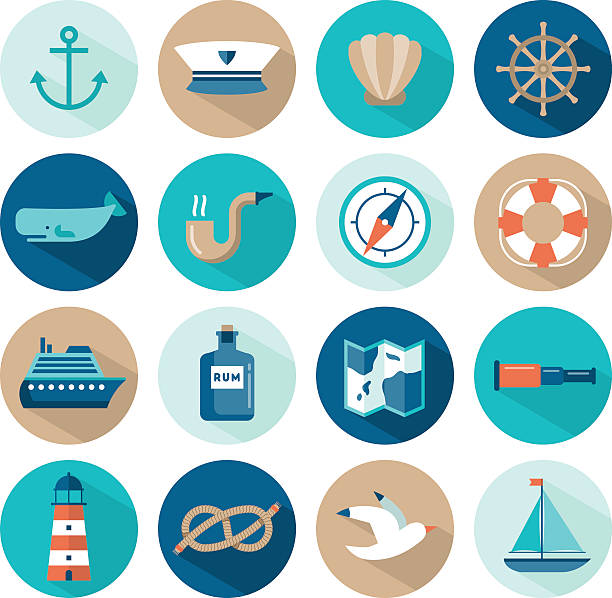 illustrazioni stock, clip art, cartoni animati e icone di tendenza di set di icone piatto bellissimo stile nautico - sailboat sail sailing symbol