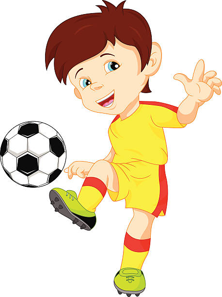 illustrazioni stock, clip art, cartoni animati e icone di tendenza di ragazzo carino calciatore - soccer action child purple