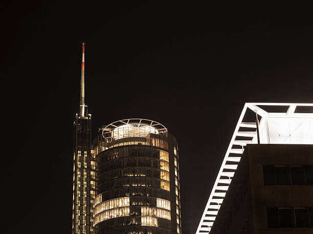 Office Tower with Antenna and Helipad at night. Essen, NRW, Germany.