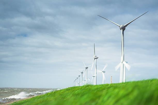 Windfarm com céu nublado na dike nos Países Baixos - foto de acervo