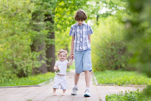 istock School boy walking with his little sister in a park 475052287