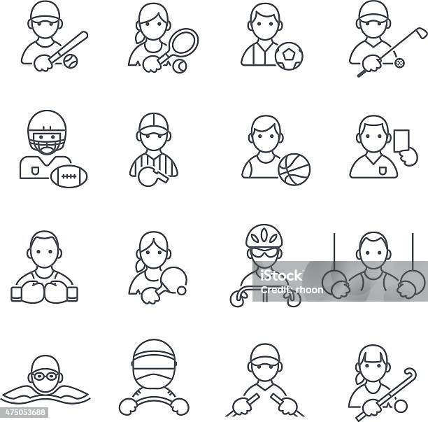 Ilustración de Deportes Iconos En Línea Fina y más Vectores Libres de Derechos de Silbato - Silbato, Árbitro - Deportes, Piloto de coches de carrera
