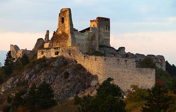 Evening view of ruins of Cachticky hrad - Slovakia Evening view of ruins of Cachticky hrad - Slovakia keep fortified tower photos stock pictures, royalty-free photos & images