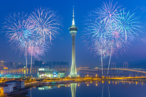 Fireworks in Macau City, China.