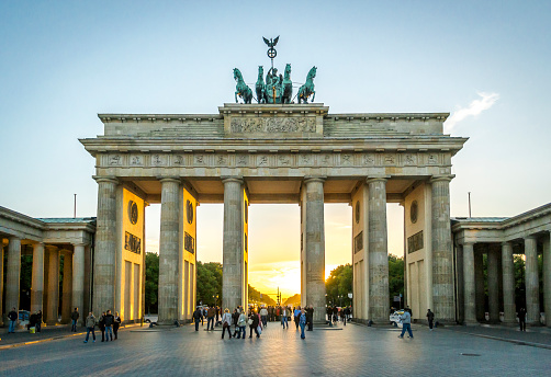 The famous Brandenburg Gate in Berlin, Germany, at sunset