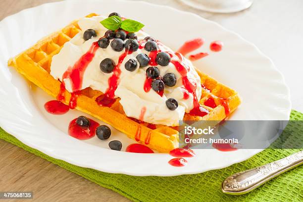 Waffles With Fruits And Whipped Cream Stock Photo - Download Image Now - Baked Pastry Item, Berry Fruit, Blueberry