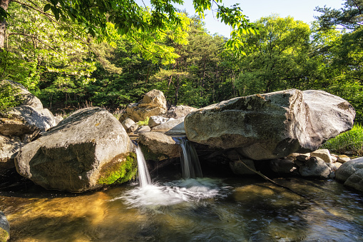 creeks and waterfall along daegwallyeong hiking pathway near gangneung in the Baugil pathway 2 (old daegwallyeong road). in Gangneung, South Korea.