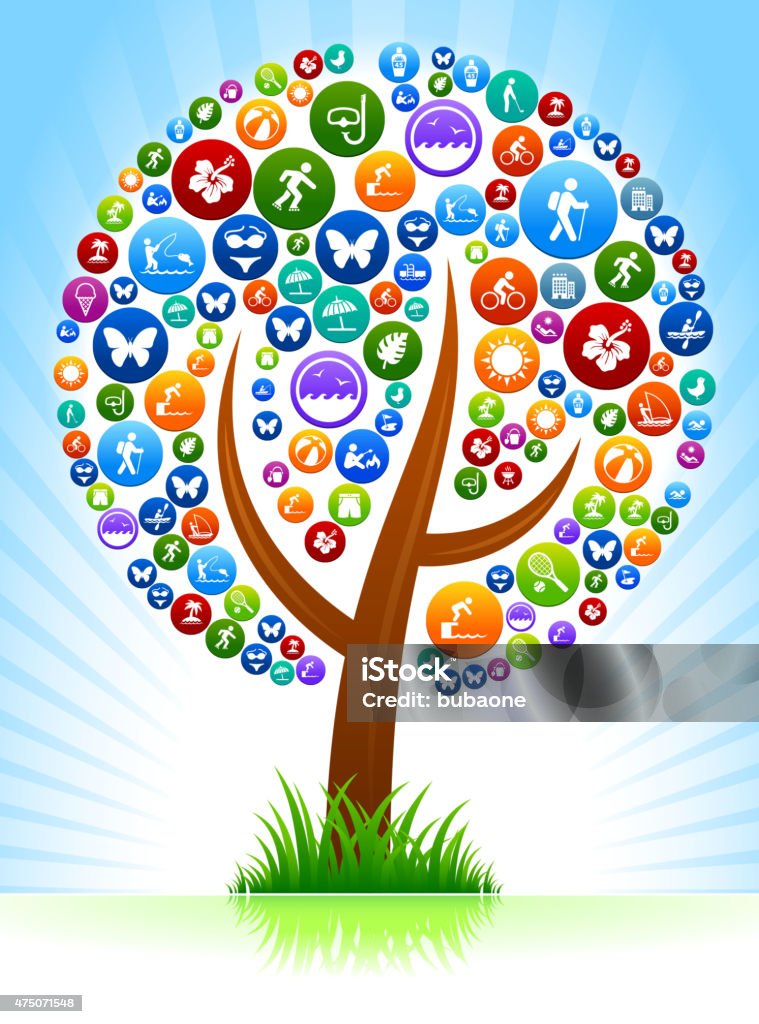 Tree Summer Time Fun and Outdoors Vector Graphic Tree Summer Time Fun and Outdoors Vector Graphic. This royalty free vector image features summer vector buttons on clear background. This vector collage has round buttons arrange in seamless patter. Individual iconography including, sun, beach, swimming, swimming trunks, volleyball, tennis, scuba diving and snorkeling, summer picnic, cycling and bicycle. These icons can be used separately for app icons internet buttons print and web. 2015 stock vector