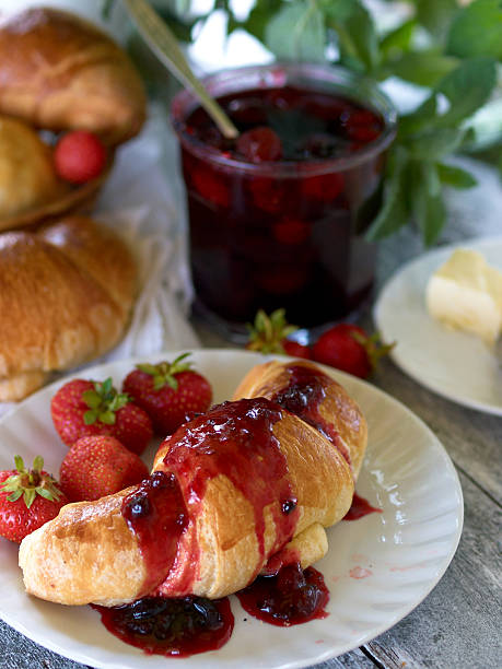 istock Breakfast with croissant,  berry jam and butter 475074313