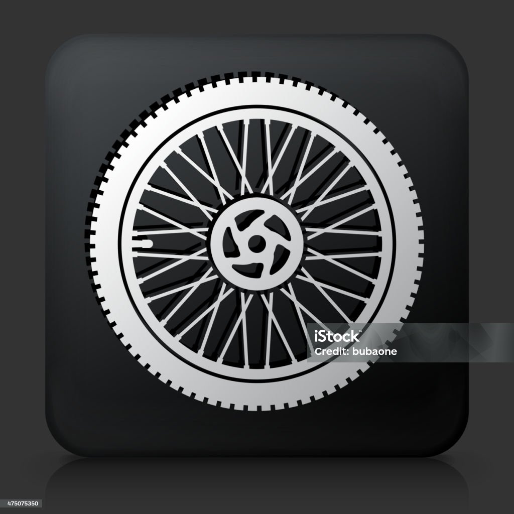 Black Square Button with Bike Wheel Icon Royalty free vector icon. The white interface icon is on a simple black Background. Button has a bevel effect and a light shadow. 100% royalty free vector file and can be easily modified, icon download comes with vector graphic and jpg file.Black Square Button with Bike Wheel Icon 2015 stock vector