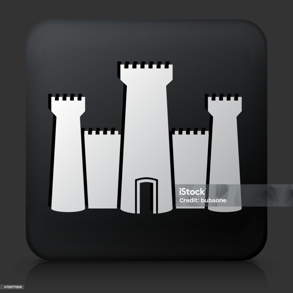 Black Square Button with Castle Icon Royalty free vector icon. The white interface icon is on a simple black Background. Button has a bevel effect and a light shadow. 100% royalty free vector file and can be easily modified, icon download comes with vector graphic and jpg file.Black Square Button with Castle Icon 2015 stock vector