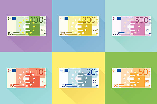 Euro Banknote Set Flat Design with Shadow Vector Euro Banknote Set Flat Design with Shadow Vector Illustration banknote euro close up stock illustrations