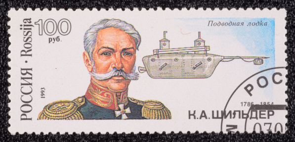 RUSSIA - CIRCA 1993: A stamp printed in the RUSSIA, shows Portrait of a shipbuilder and ship with inscription \