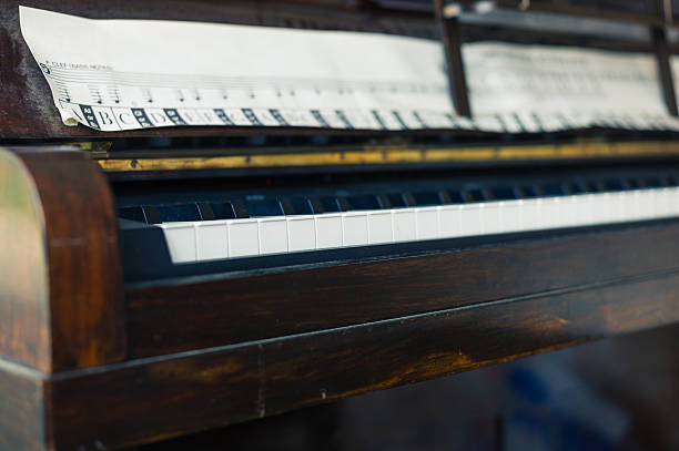 istock Old piano with music paper 475080582