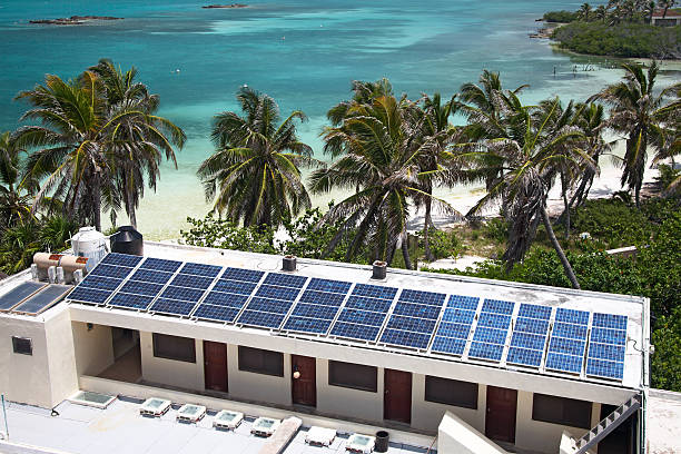 istock building with a solar panel on the Isla Contoy, Mexico 475083855