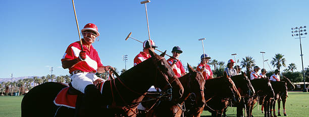 foto panorâmica os jogadores e árbitro de cavalos no campo - mallet - fotografias e filmes do acervo