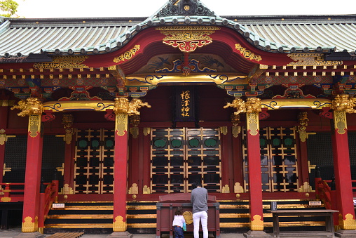 Japan - Tokyo - Meiji-jingu par and temple between shinjuku and shibuya\n\nIn this photo we see a detail of this particular architecture as well as one of the lanterns