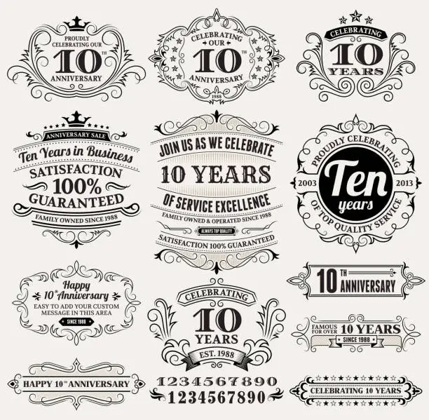 Vector illustration of ten year anniversary hand-drawn royalty free vector background on paper