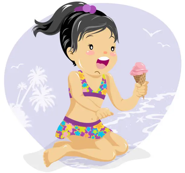 Vector illustration of Girl eating ice-cream on beach
