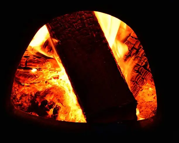 Logs glowing on fire inside chimenea