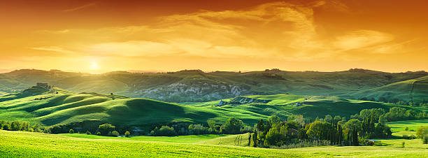 Idyllic landscape - Green fields in Tuscany at sunset stock photo