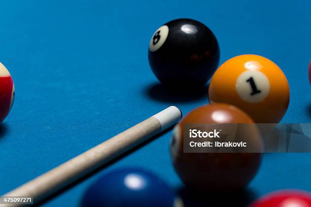 Pool Table With Balls And Cue Stick Stock Photo - Download Image Now - Blue, Close-up, Color Image