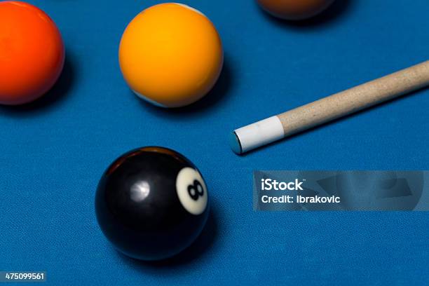 Pool Table With Balls And Cue Stick Stock Photo - Download Image Now - Blue, Close-up, Color Image