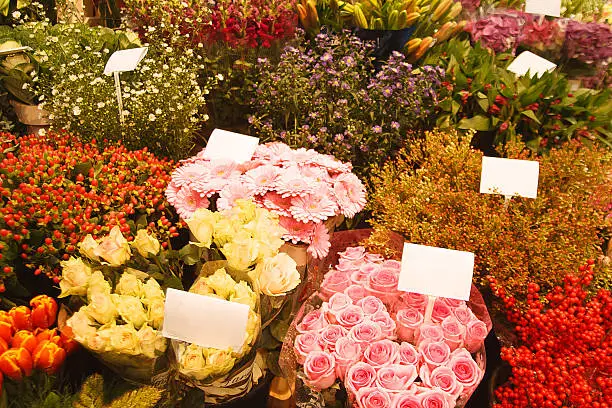 Flower market with tulips, roses and gerberas