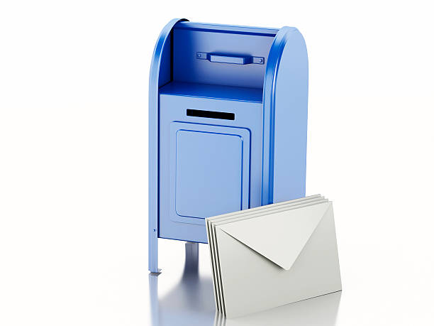 istock 3d Blue mail box with heap of letters. 475104180