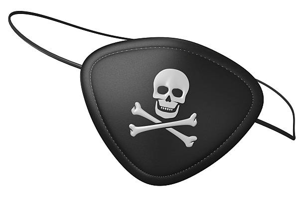 Black leather pirate eyepatch with a scary skull and crossbones 3D render of a black leather pirate eyepatch with a human skull and crossbones symbol. one eyed stock pictures, royalty-free photos & images