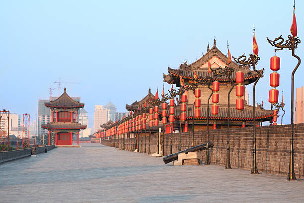 xi'an, china cidade parede - xian fotos imagens e fotografias de stock
