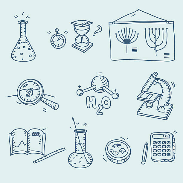 Science icons set school laboratory chemistry biology experiment investigation and Science icons set school laboratory chemistry biology experiment investigation and observation hand drawn doodle sketch style. h20 molecules stock illustrations