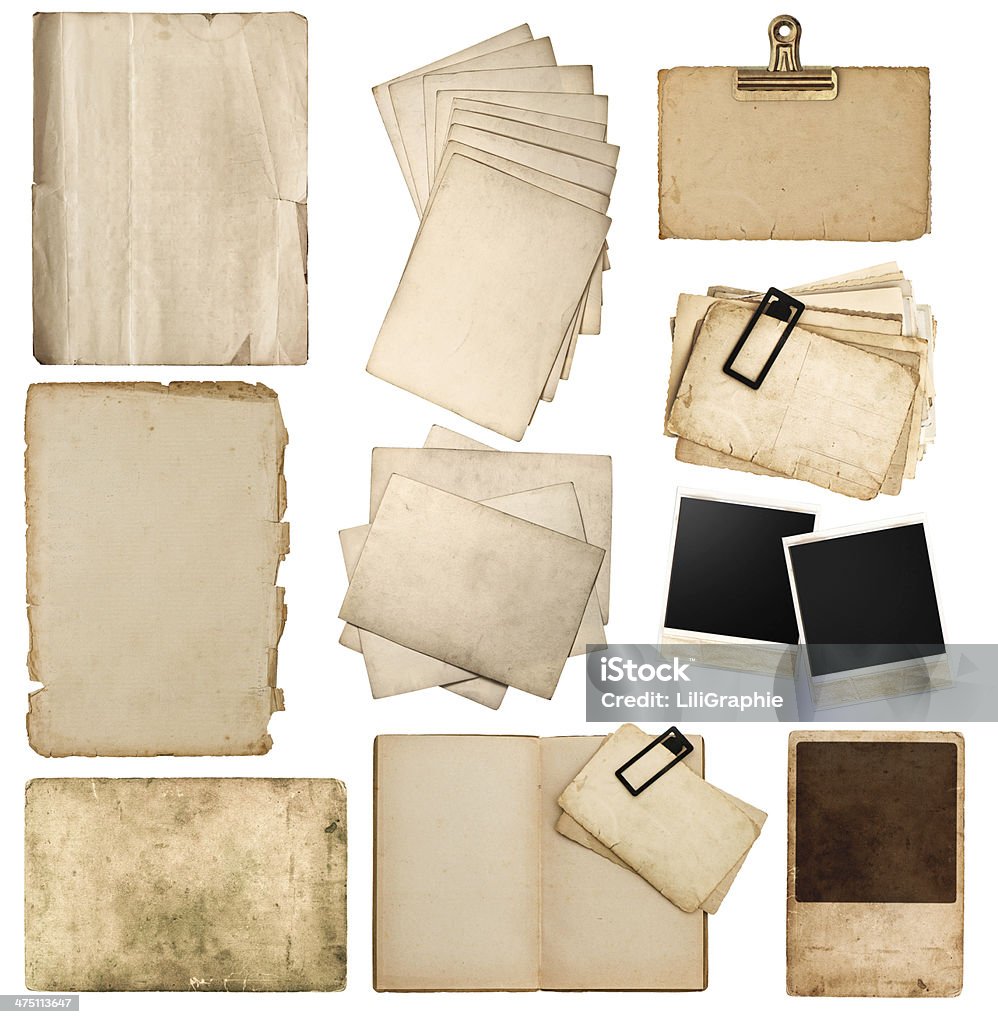 set of various old paper sheets and photo frames set of various old paper sheets and pictures. vintage photo album and book pages, cards, pieces isolated on white background Ancient Stock Photo