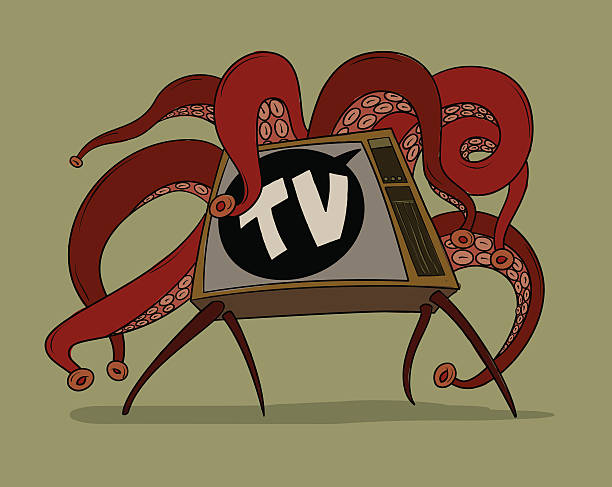 TV with tentacles t-shirt print Threatening TV stretching tentacles to the viewer's brain. Phobia stock illustrations