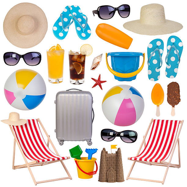 Summer items collection Summer items collection isolated on white background straw hat photos stock pictures, royalty-free photos & images