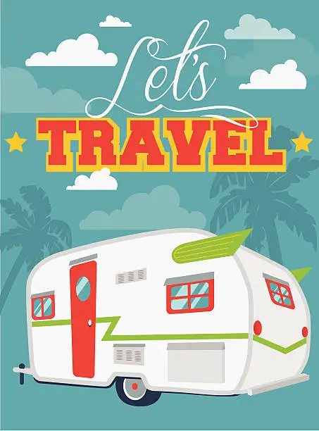 Vector illustration of Flat illustration Let's Travel with clouds and palms