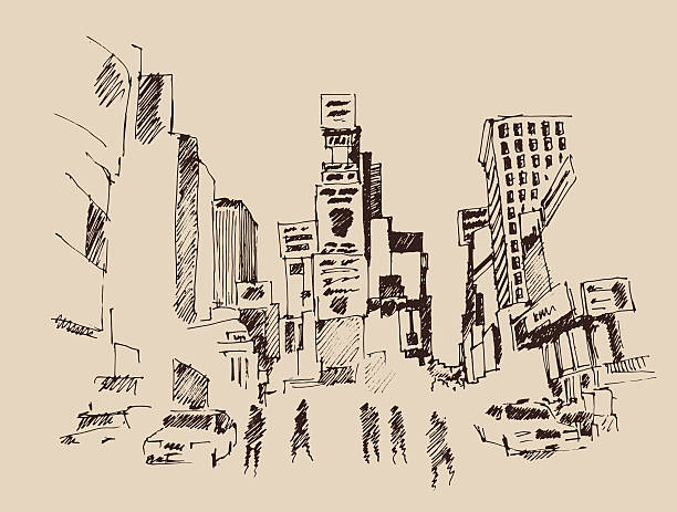 times square, street in new york city engraving vector illustration - times square billboard 幅插畫檔、美工圖案、卡通及圖標