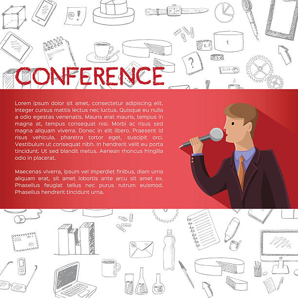 Conference template illustration Conference template illustration with space for your texts hand holding microphone icon stock illustrations