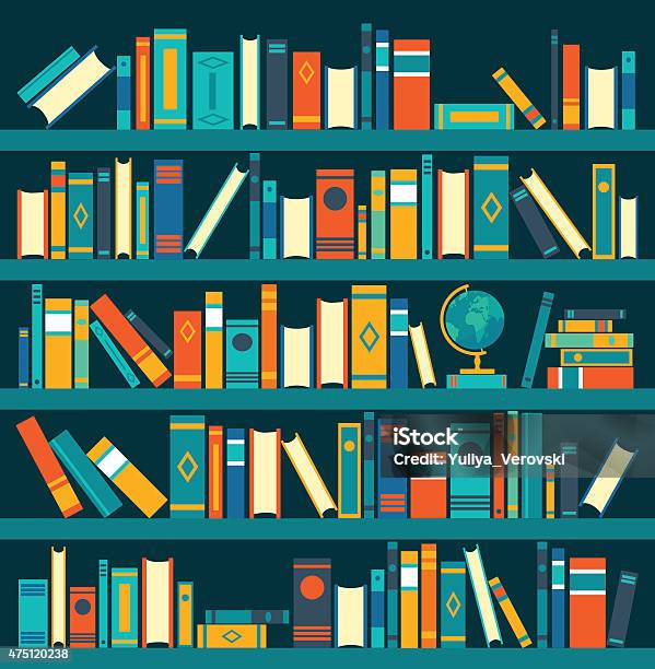 Vector Of Library Book Shelf Background Vector Flat Illustrations Stock Illustration - Download Image Now