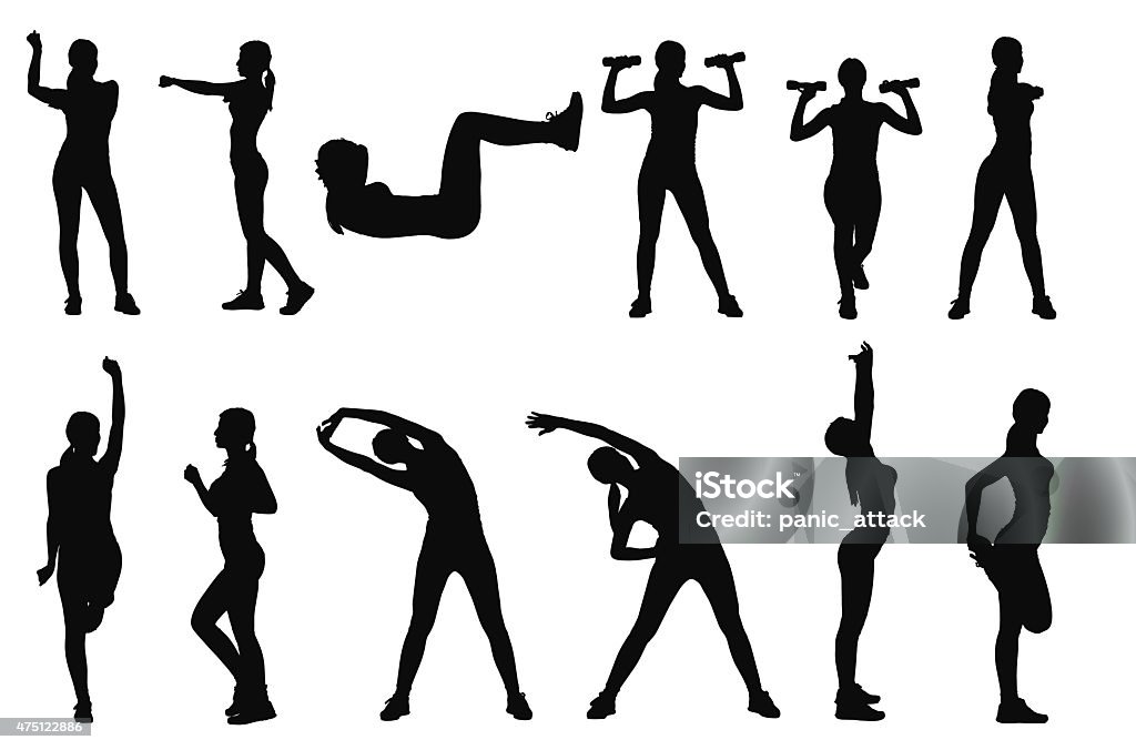 Set of various woman sports silhouettes Set or collection of various woman sports exercising silhouettes. Easy editable layered vector illustration. In Silhouette stock vector