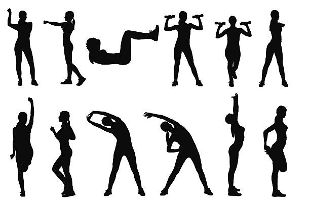 Set of various woman sports silhouettes Set or collection of various woman sports exercising silhouettes. Easy editable layered vector illustration. aerobics stock illustrations