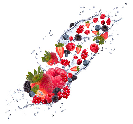 Refreshing image of a a raspberry and a blackberry in a water splash