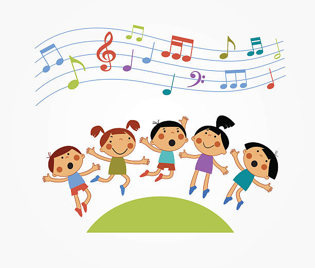 ilustraciones, imágenes clip art, dibujos animados e iconos de stock de los niños que son salto y cantar - child preschool backgrounds baby
