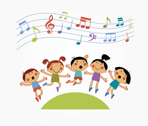 Children who are jumping and singing Cartoon children jumping and musical notes. Modern colorful design. Children who are jumping and singing hair band stock illustrations