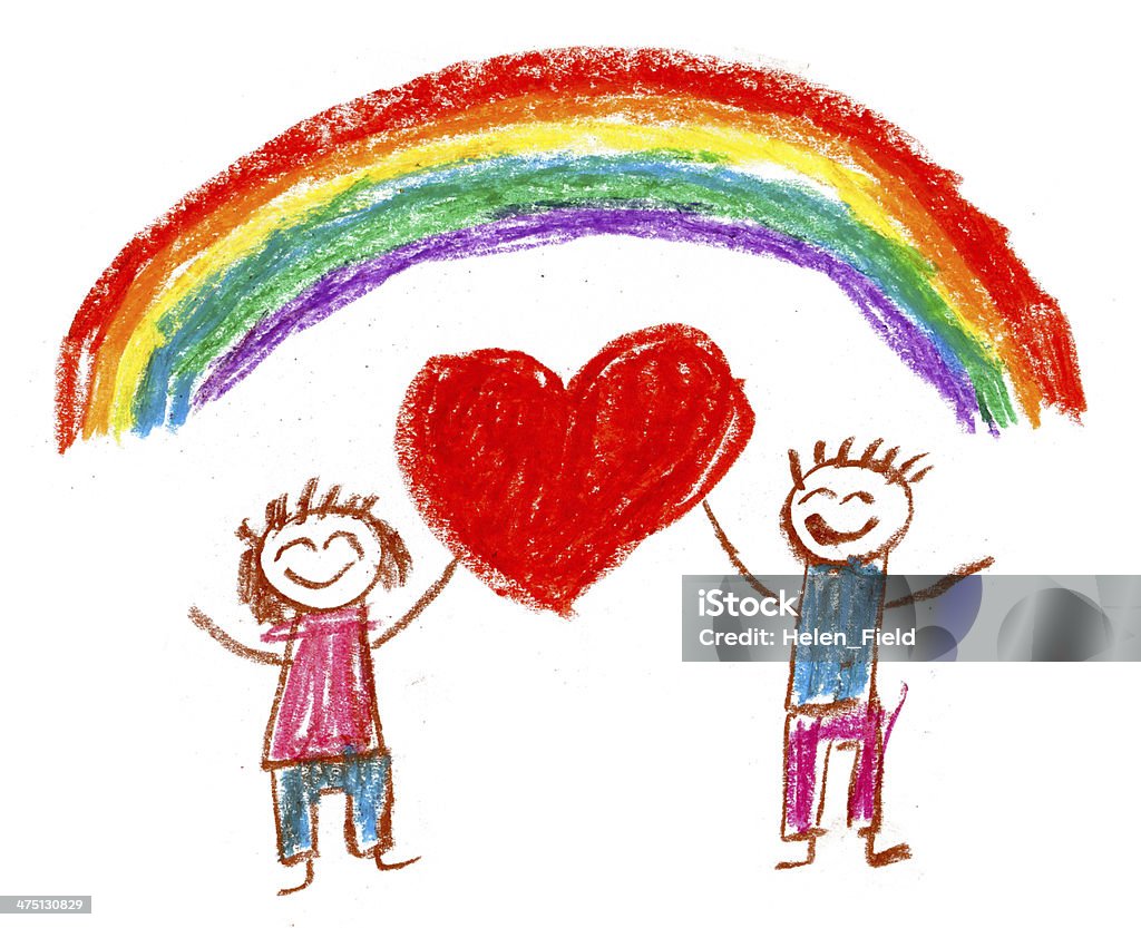 Kids drawing Children with heart and rainbow. Child stock illustration