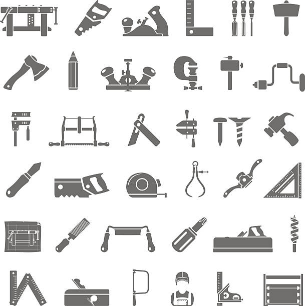 ilustraciones, imágenes clip art, dibujos animados e iconos de stock de iconos negros de carpintería tradicional - work tool chisel wood mallet