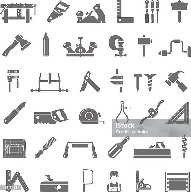 Black Icons Traditional Woodworking Stock Illustration - Download Image Now - Carpenter, Icon Symbol, Plane - Hand Tool